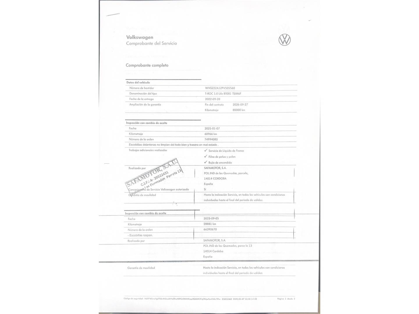 Foto del mantenimiento del Volkswagen T-Roc Volkswagen T-Roc Life 1.0 TSI (110 CV)