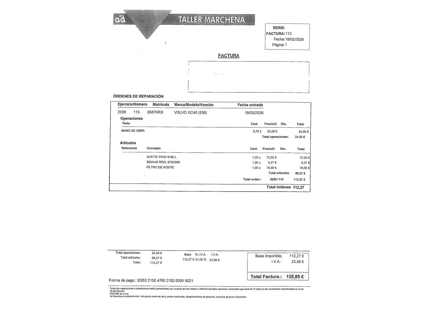 Foto del mantenimiento del Volvo XC40 Volvo XC40 D3 Momentum Auto (150 CV)