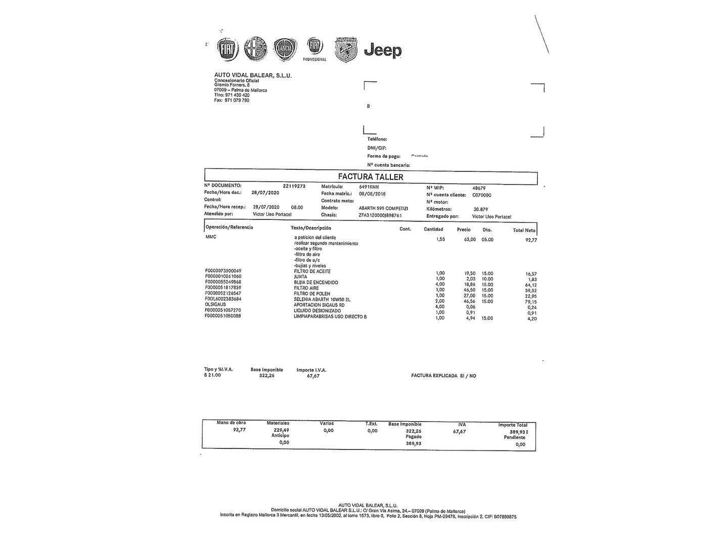 Foto del mantenimiento del Abarth 500 Abarth 500 1.4 16v T-Jet 595 Competizione (180 CV)