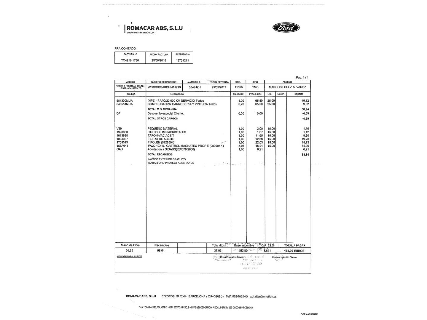 Foto del mantenimiento del Ford Fiesta Ford Fiesta 1.25 Duratec Trend  (82 CV)