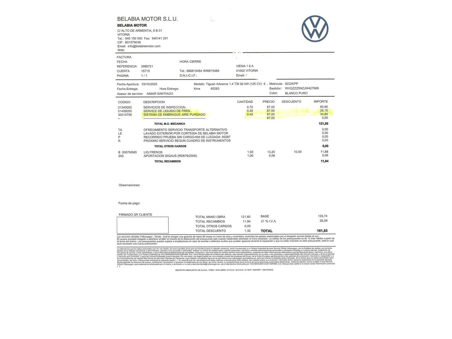 Foto del mantenimiento del Volkswagen Tiguan Volkswagen Tiguan Edition 1.4 TSI (125 CV)