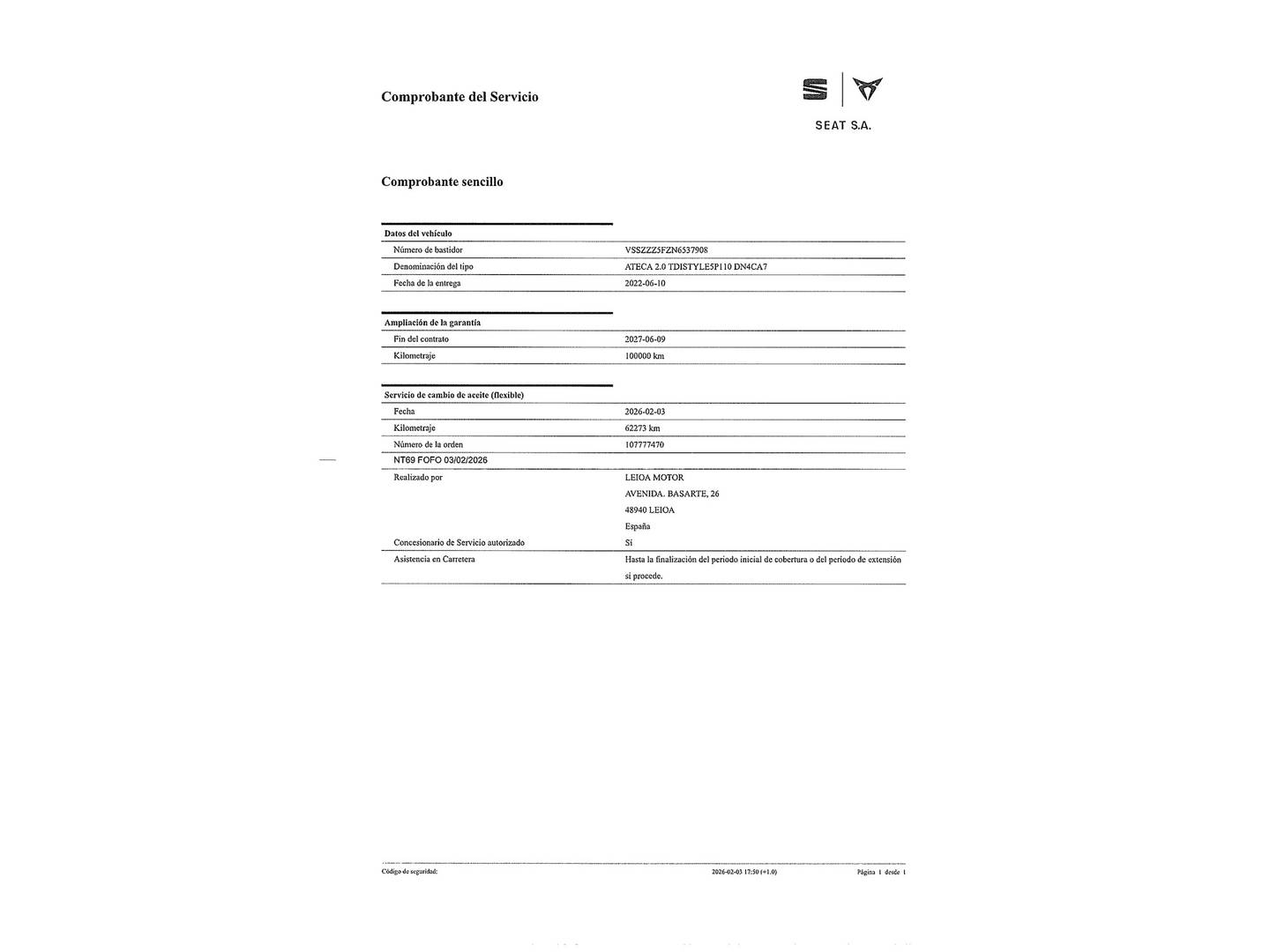 Foto del mantenimiento del Seat Ateca Seat Ateca 2.0 TDI S&S Style Go M DSG (150 CV)