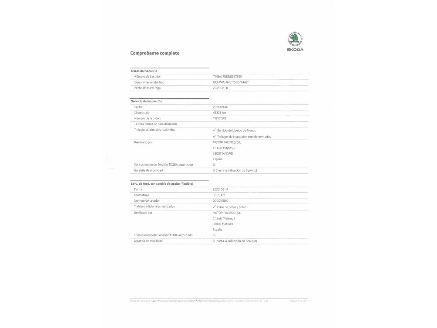 Foto del mantenimiento del Skoda Octavia Skoda Octavia 1.4 TSI Like DSG (150 CV)