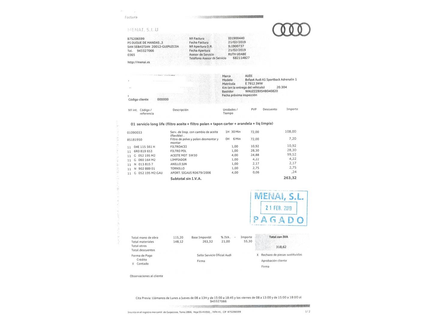 Foto del mantenimiento del Audi A1 Audi A1 Sportback Adrenalin 1.0 TFSI (95 CV) Pack S-Line