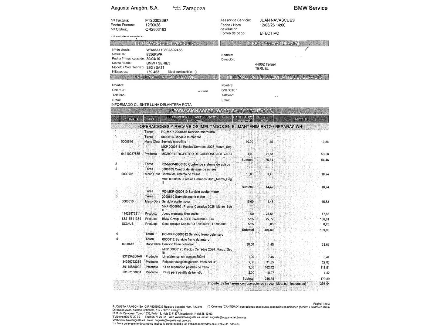 Foto del mantenimiento del BMW Serie 3 BMW Serie 3 320i (184 CV)