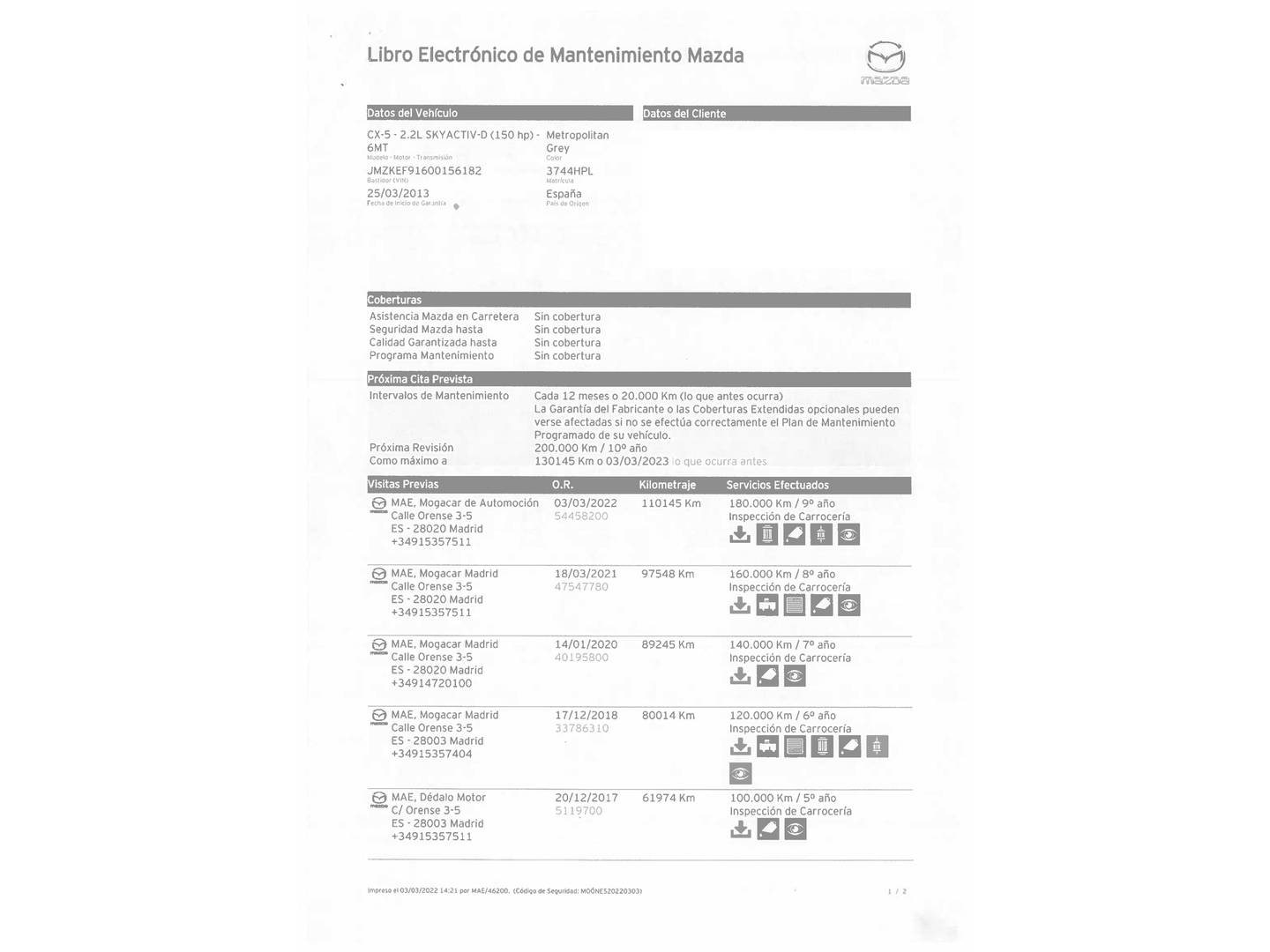 Foto del mantenimiento del Mazda CX-5 Mazda CX-5 2.2 DE Style 2WD (150 CV)