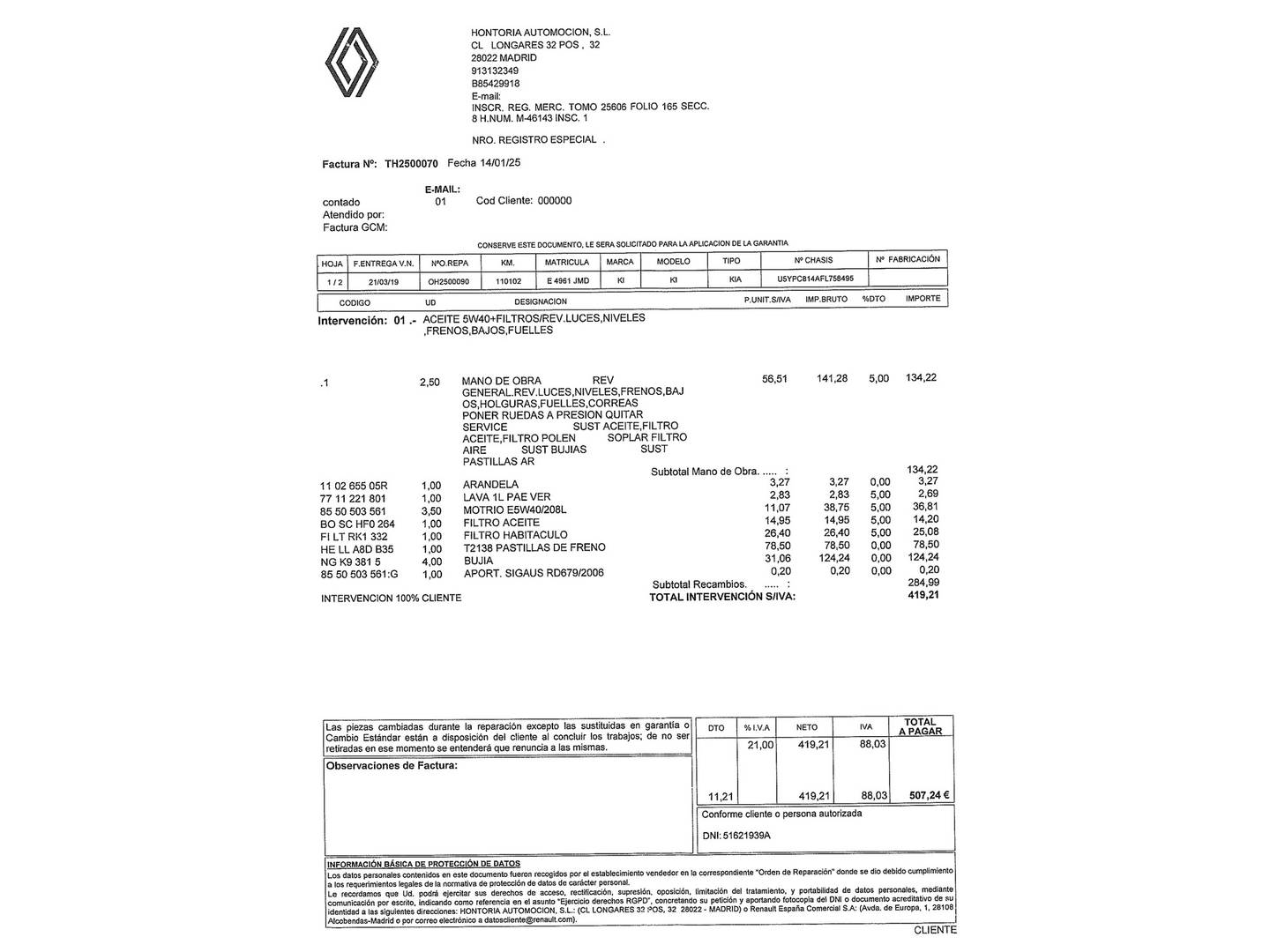 Foto del mantenimiento del KIA Sportage Kia Sportage 1.6 GDI x-Tech Eco-Dynamics 4x2(135 CV)