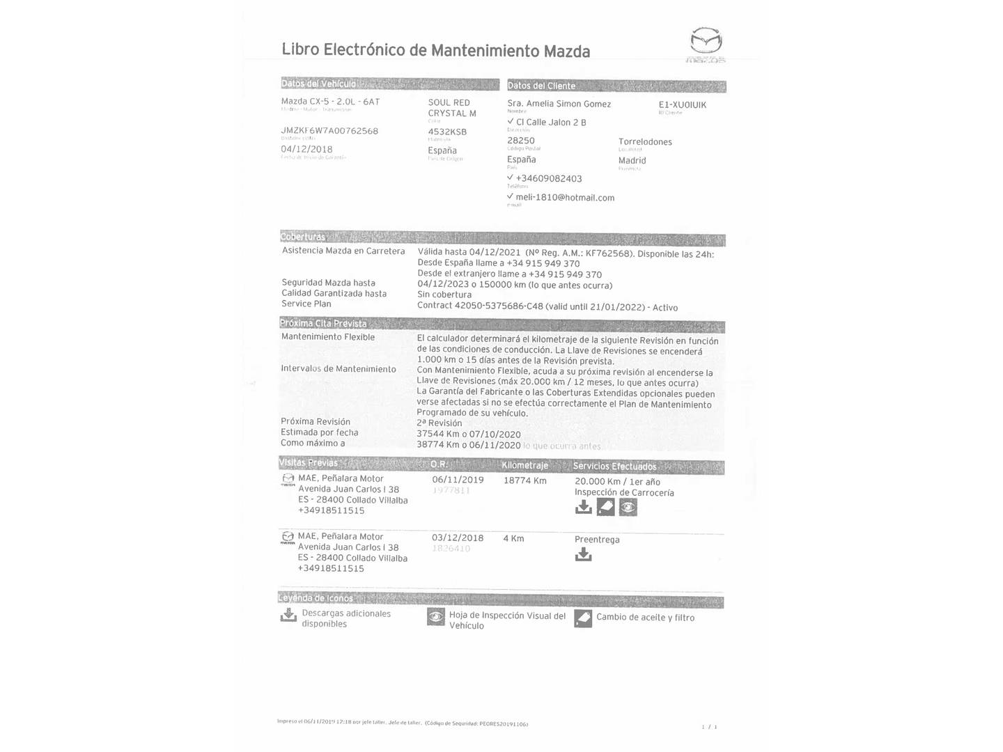 Foto del mantenimiento del Mazda CX-5 Mazda CX-5 2.0 G Zenith White 2WD AT (165 CV)