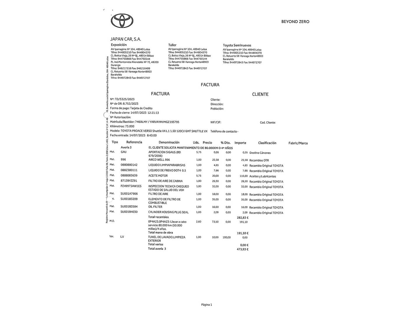 Foto del mantenimiento del Toyota Proace Verso Toyota Proace Verso 1.5D VX Shuttle L1 (120 CV) 9 Plazas