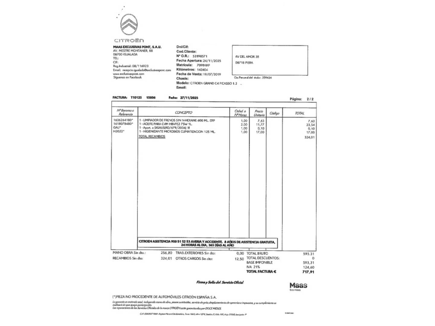 Foto del mantenimiento del Citroën Grand C4 Picasso Citroën Grand C4 Picasso PureTech 130 6v S&S Feel 7 Plazas (130 CV)