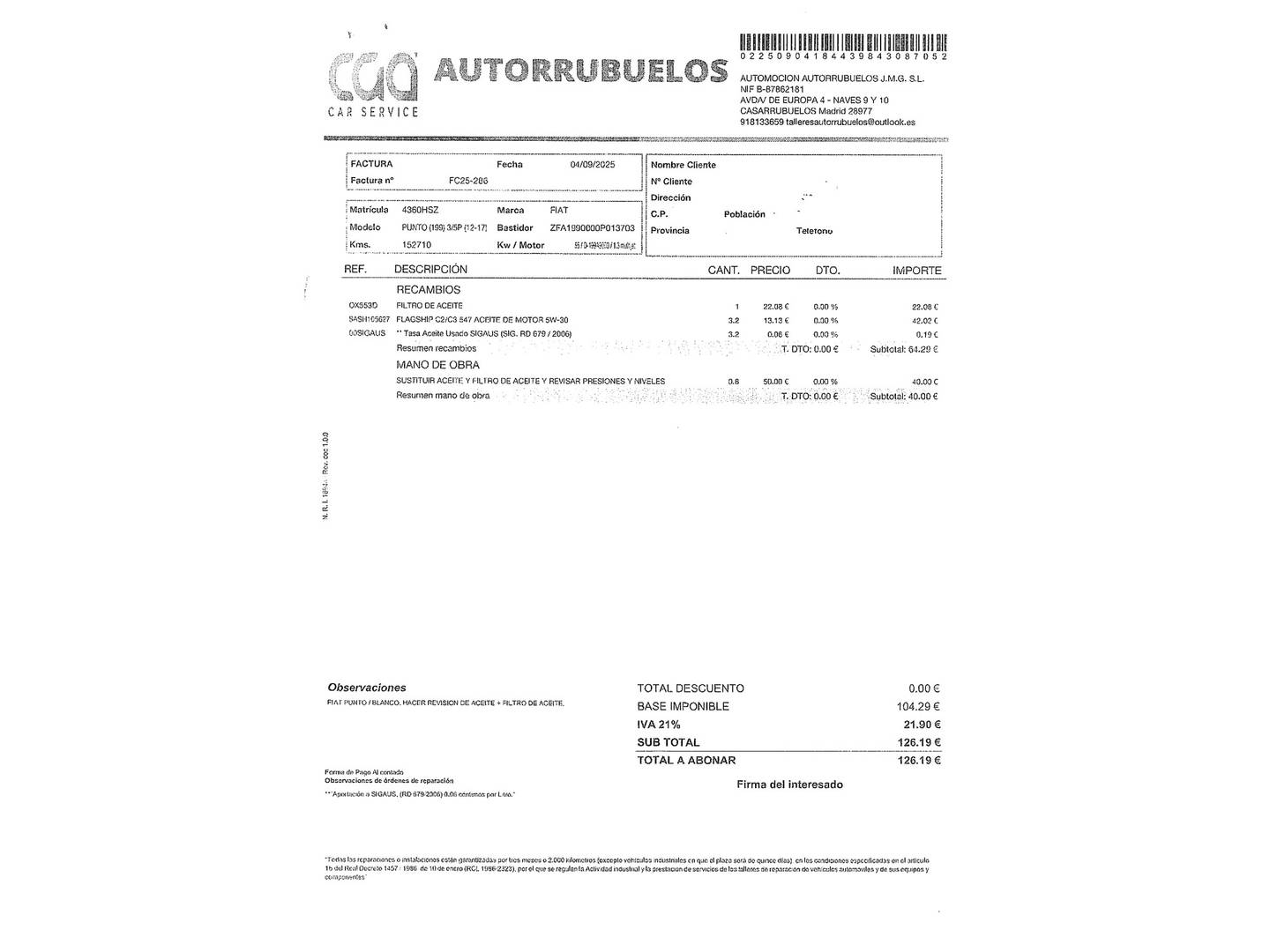 Foto del mantenimiento del Fiat Punto Fiat Punto 1.3 Multijet Easy (75 CV)