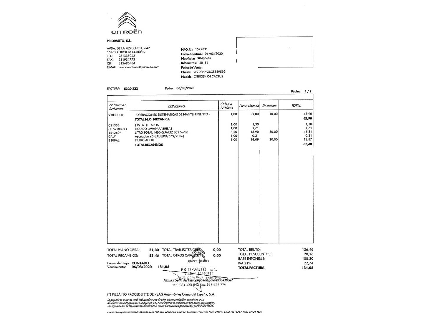 Foto del mantenimiento del Citroën C4 Cactus Citroën C4 Cactus PureTech 82 Feel Edition (82 CV)