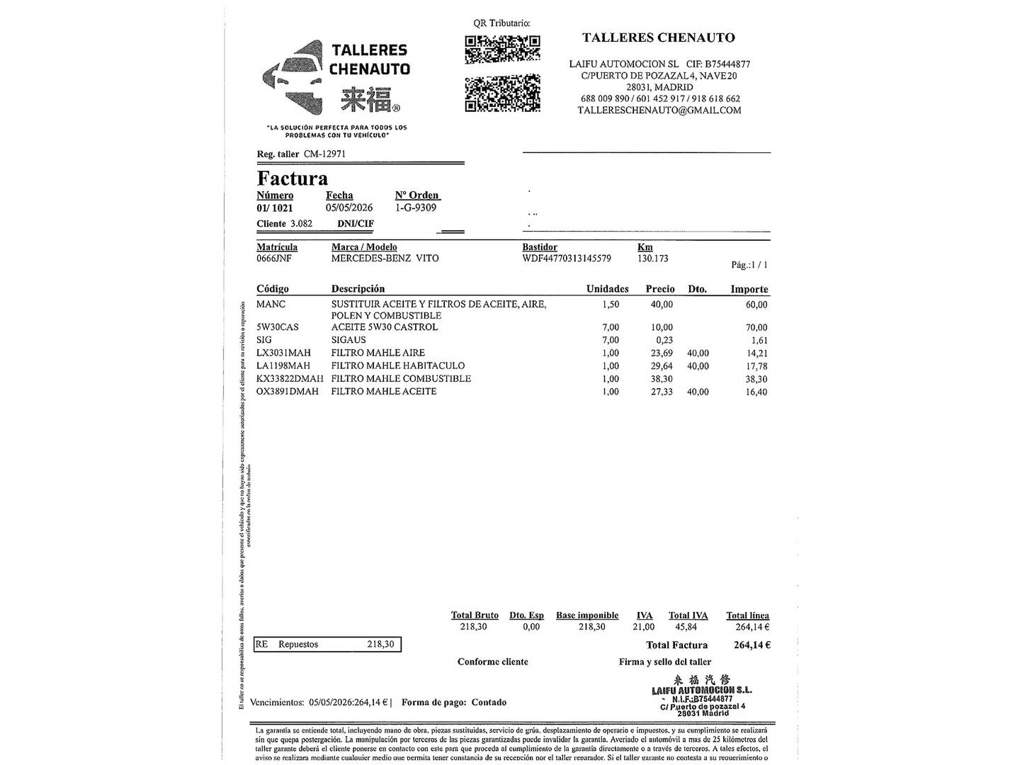 Foto del mantenimiento del Mercedes Vito Mercedes Vito Mixto 111 CDI Larga (114 CV)