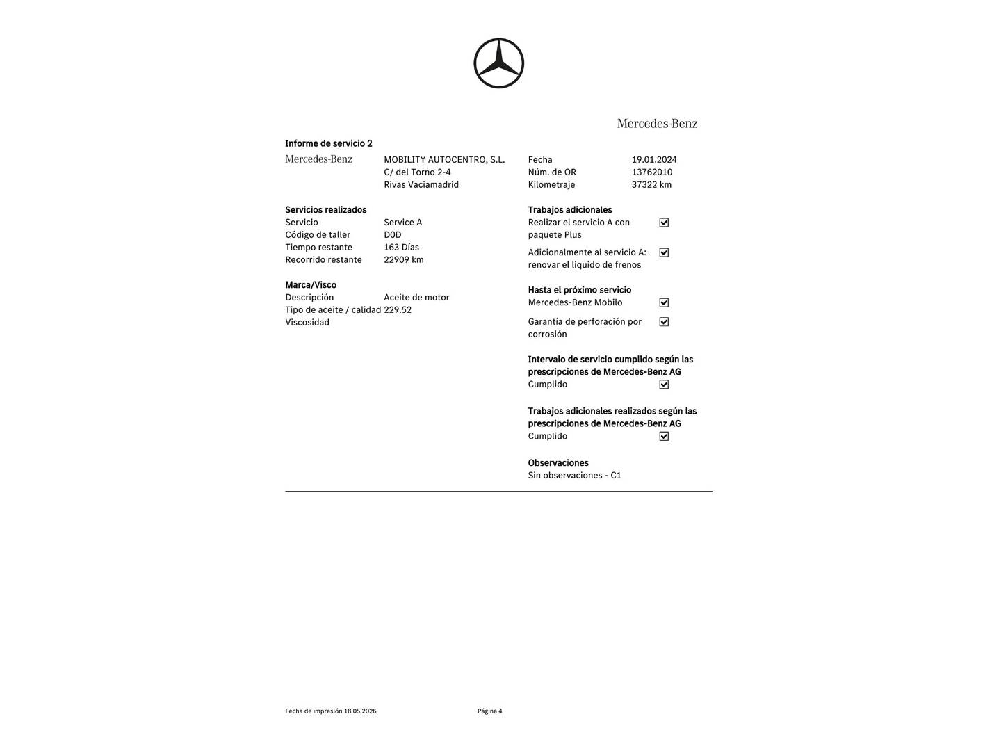 Foto del mantenimiento del Mercedes GLA Mercedes GLA GLA 180 (136 CV) Pack AMG