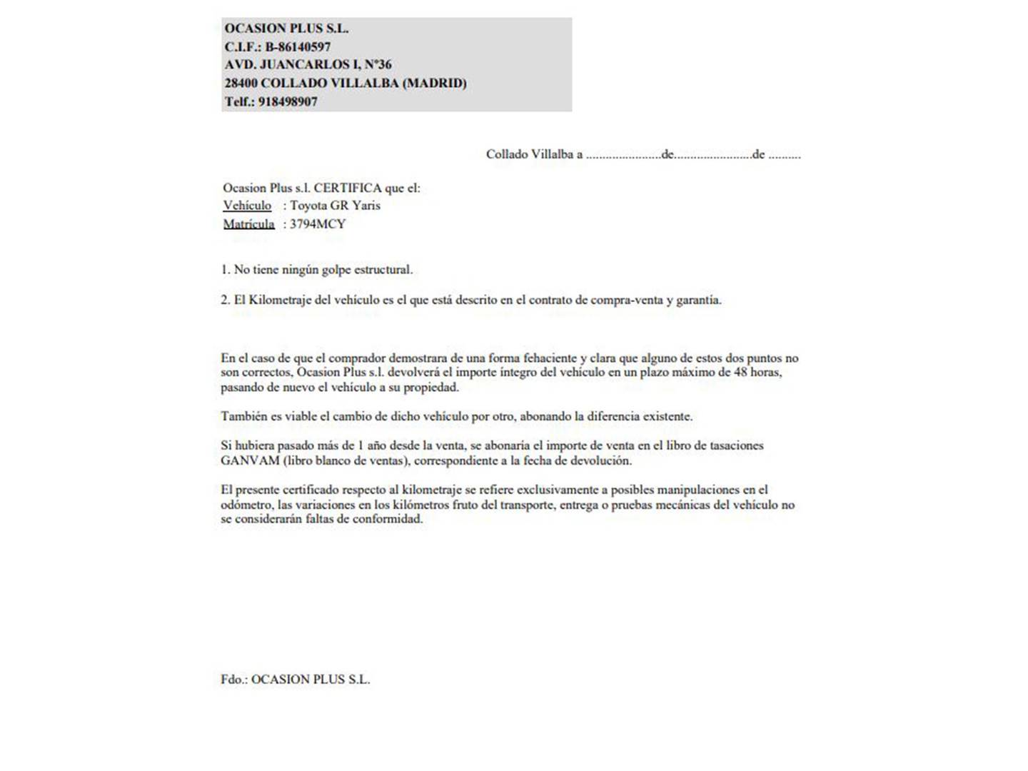 Foto del certificado del Toyota GR Yaris Toyota GR Yaris 1.6 RZ Circuit Pack (261 CV)