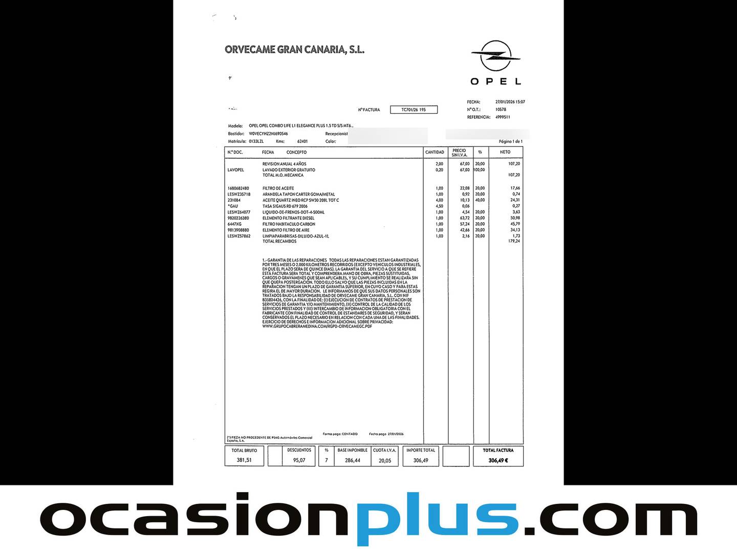 Foto del mantenimiento del Opel Combo Life Opel Combo Life 1.5 TD Elegance Plus L (131 CV)