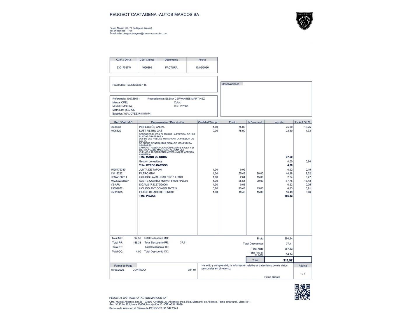 Foto del certificado del Opel Mokka X Opel Mokka X 1.4 Turbo GLP Innovation 4X2 (140 CV)