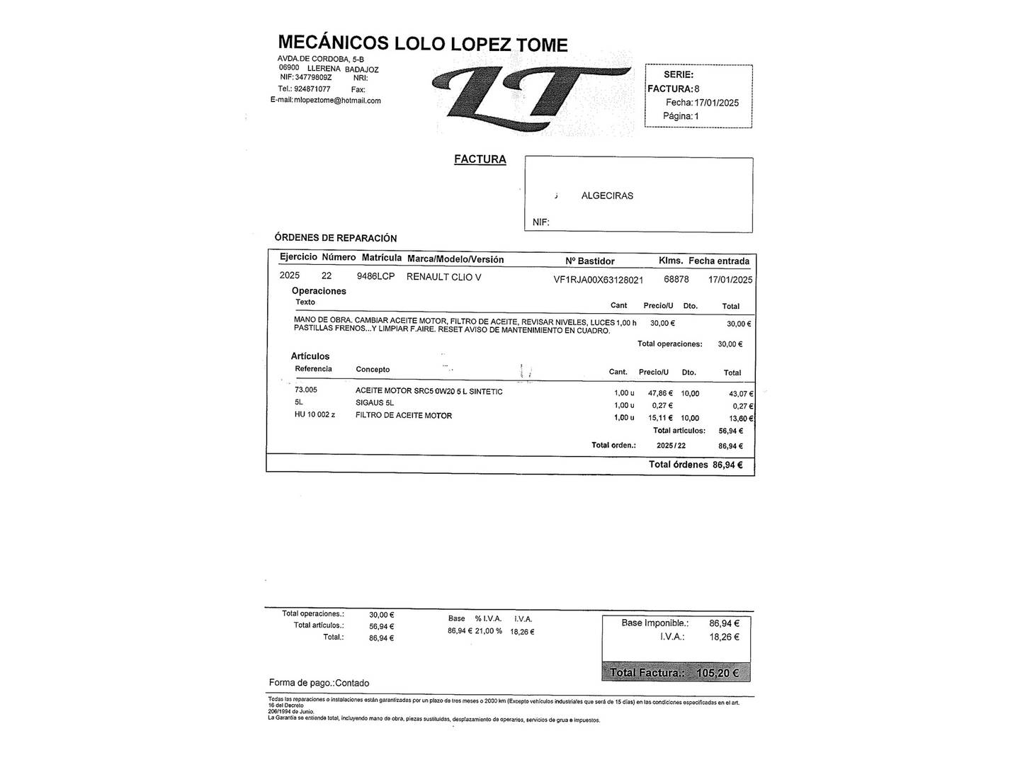 Foto del mantenimiento del Renault Clio Renault Clio RS Line TCe (100 CV)