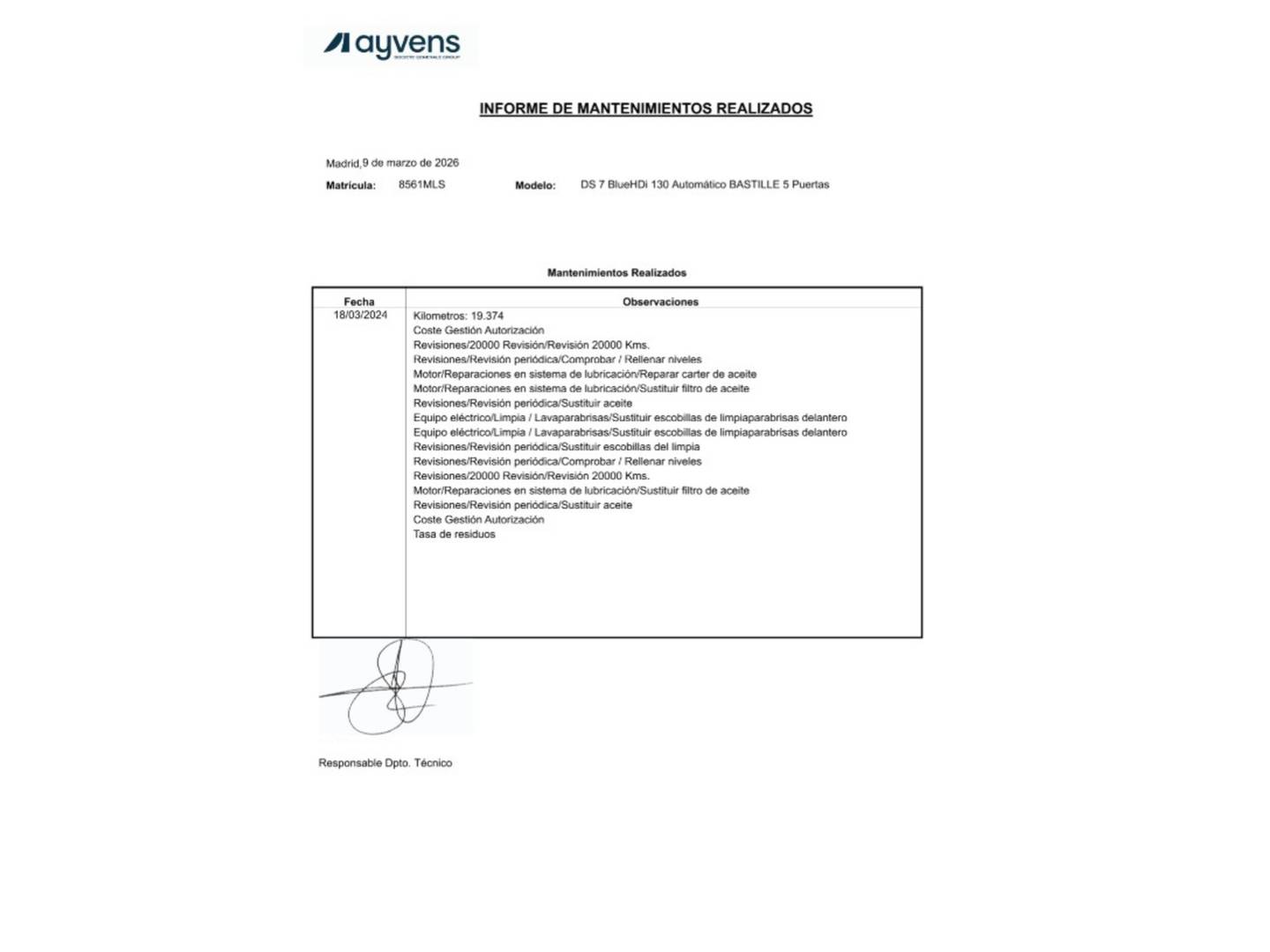 Foto del mantenimiento del DS DS 7 DS DS7 Crossback BlueHDi 130 Bastille Auto (130 CV)