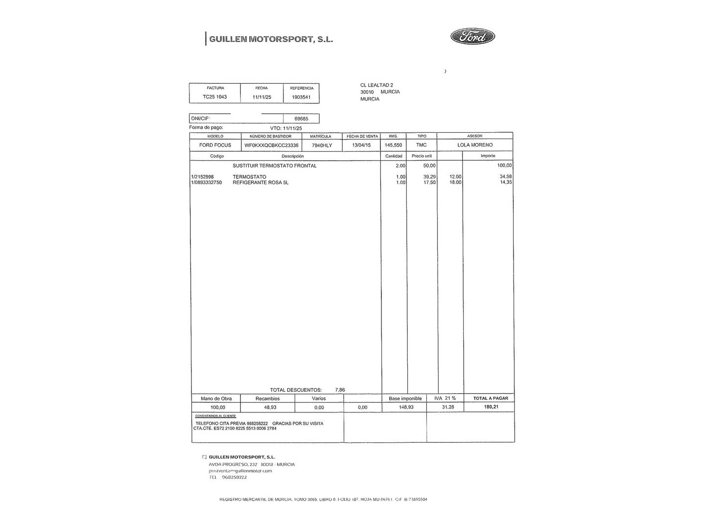 Foto del mantenimiento del Ford Focus Ford Focus Focus 1.0 Ecoboost Trend (125 CV)