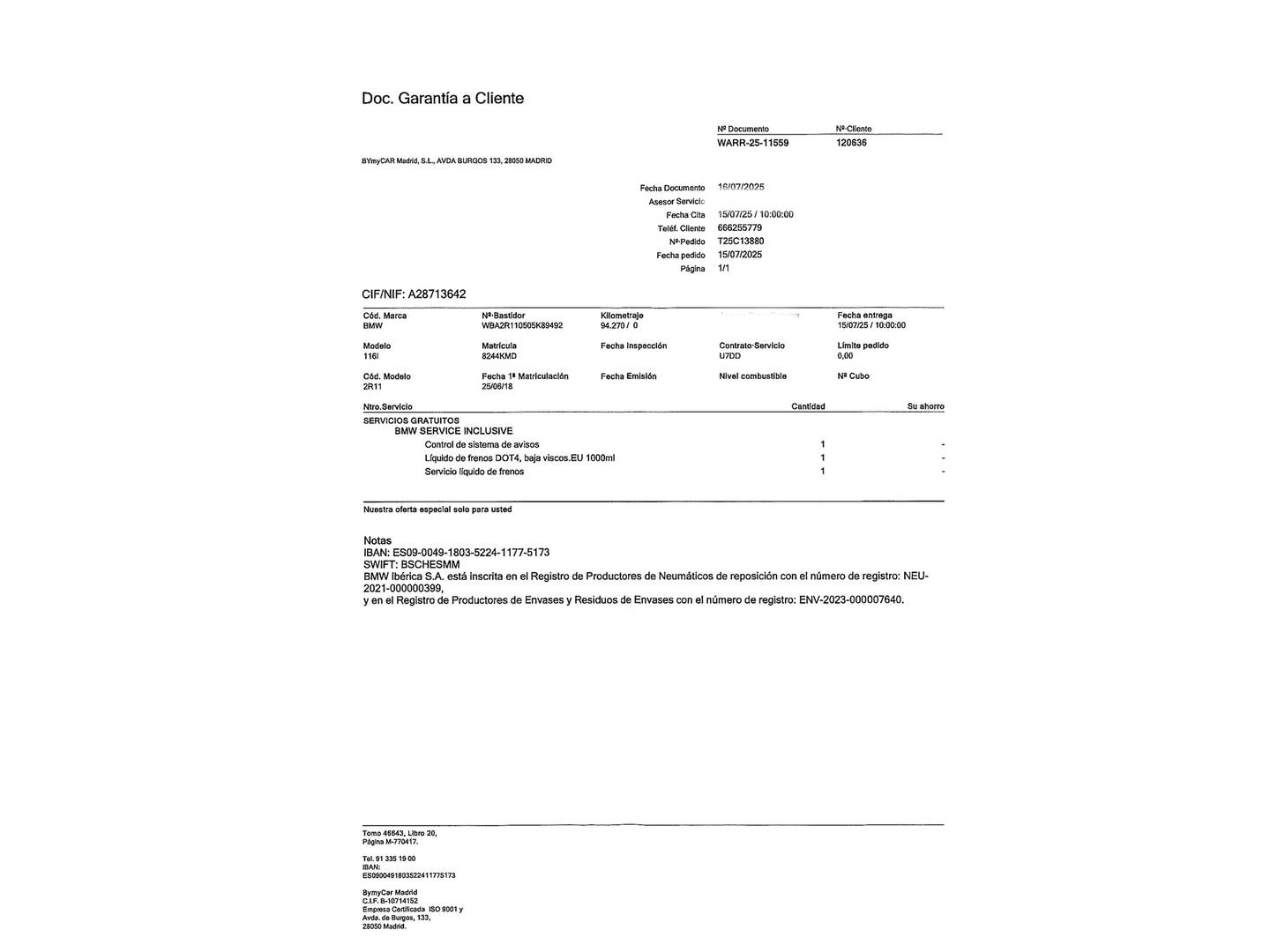 Foto del mantenimiento del BMW Serie 1 BMW Serie 1 116i (109 CV)