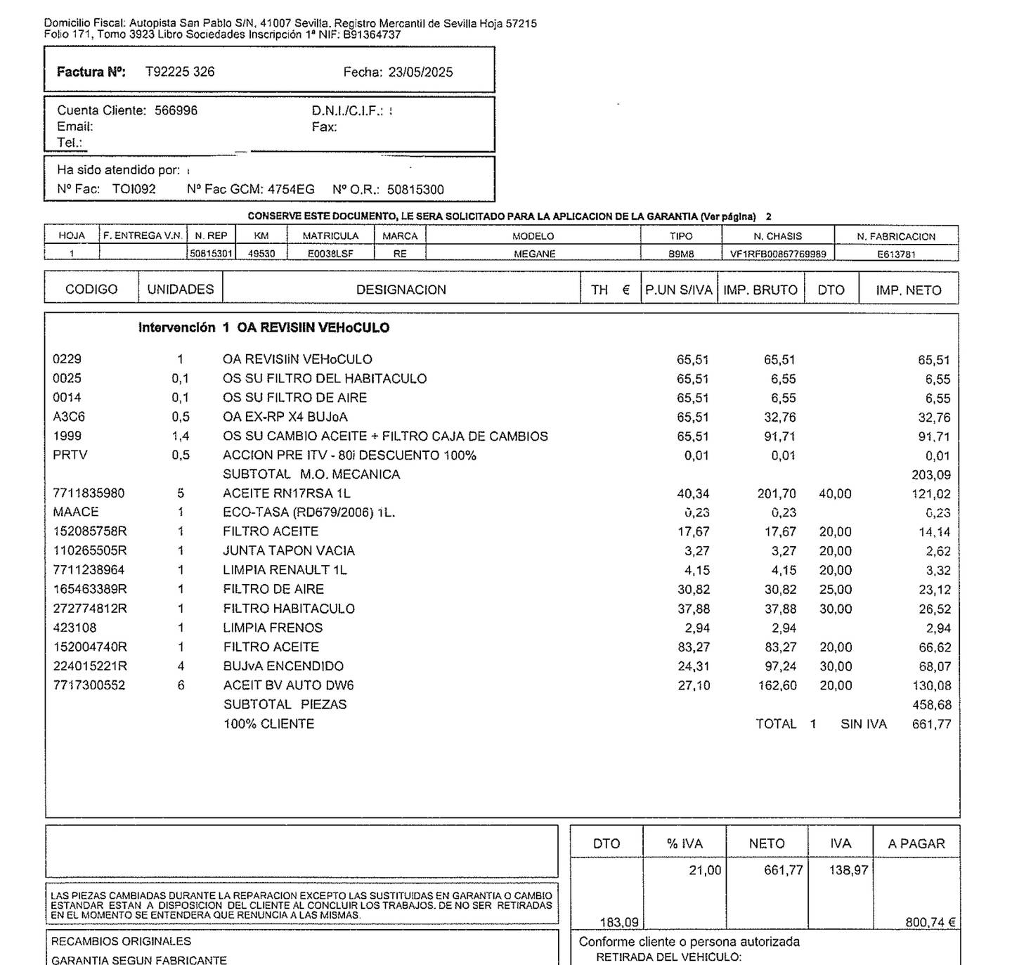 Foto del mantenimiento del Renault Mégane RENAULT Mégane RS Trophy TCe (300CV) EDC GPF