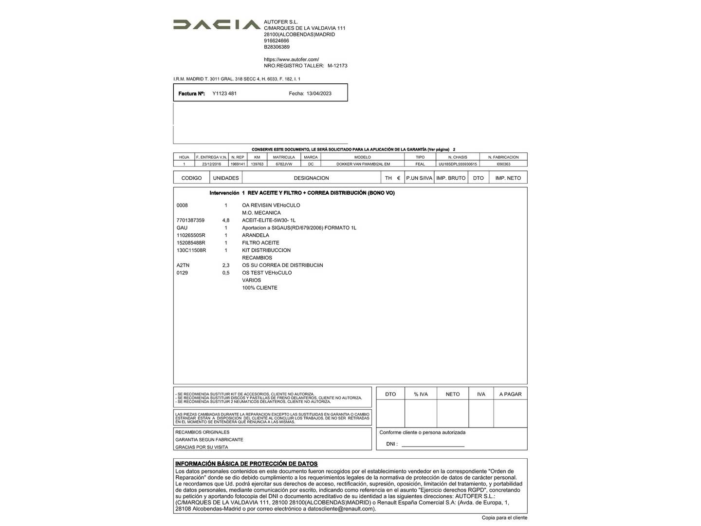 Foto del mantenimiento del Dacia Dokker Dacia Dokker Van dCi 90 Ambiance (90 CV)