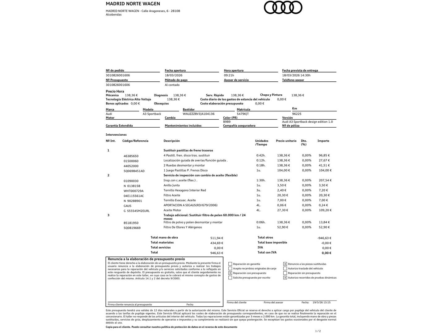 Foto del mantenimiento del Audi A3 Audi A3 Sportback design edition 1.0 TFSI (116 CV)