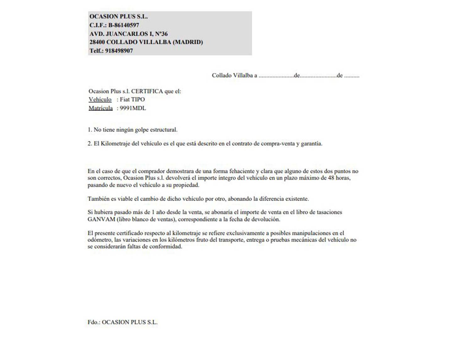 Foto del certificado del Fiat Tipo Fiat Tipo 1.5 Hybrid Cross DCT (130 CV)
