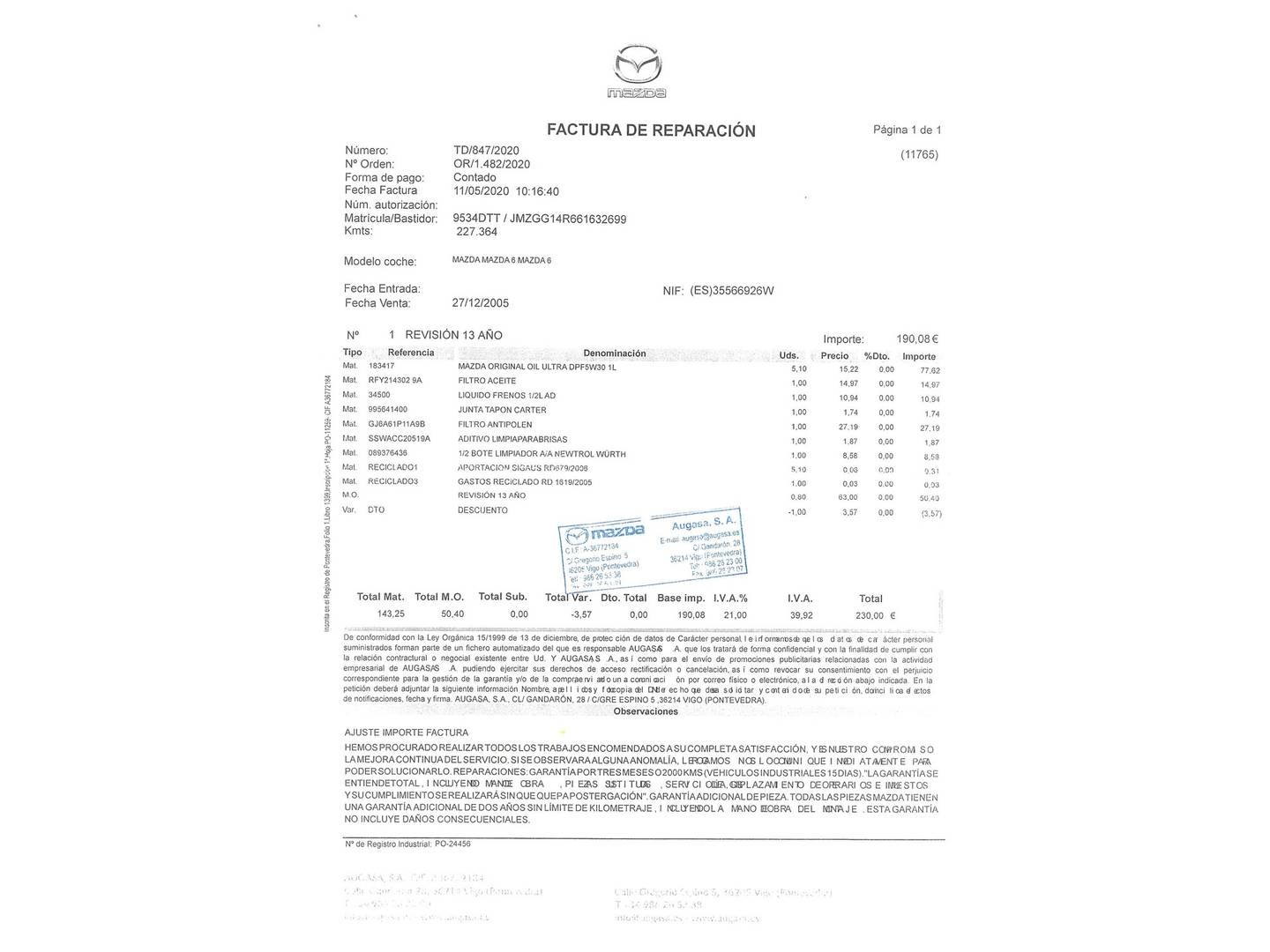 Foto del mantenimiento del Mazda Mazda6 Mazda Mazda 6 2.0 CRTD 16v Sportive (143 CV)
