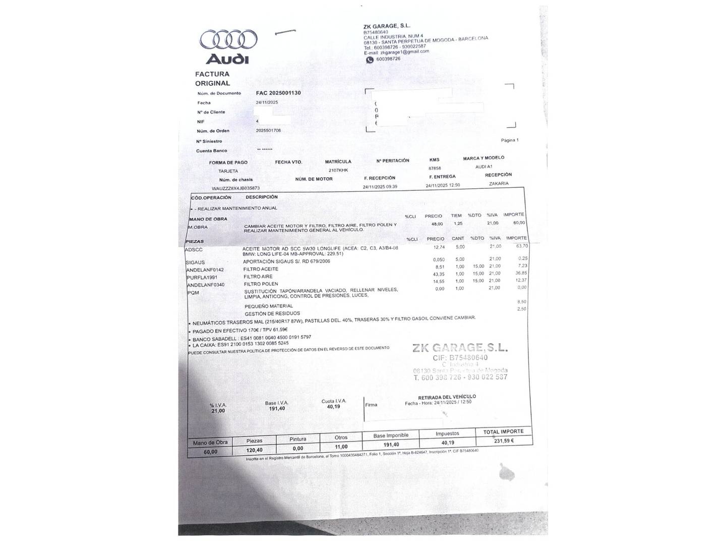 Foto del mantenimiento del Audi A1 Audi A1 Sportback Adrenalin 1.6 TDI (116 CV)Pack S-Line