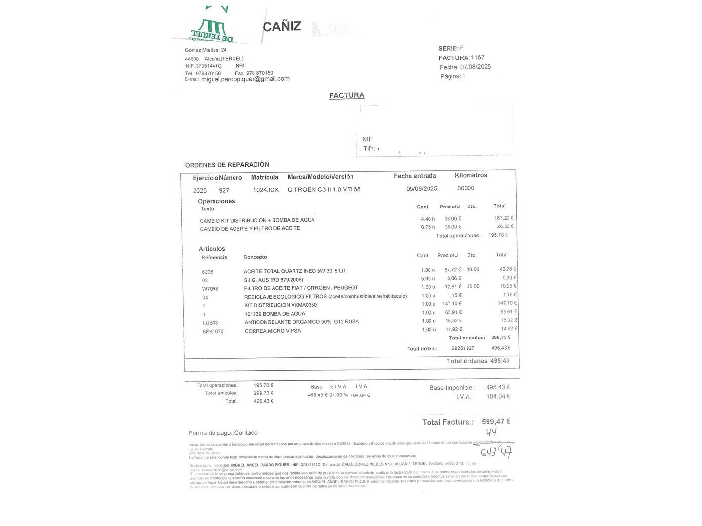 Foto del mantenimiento del Citroën C3 Citroën C3 PureTech 68 Tonic (68 CV)