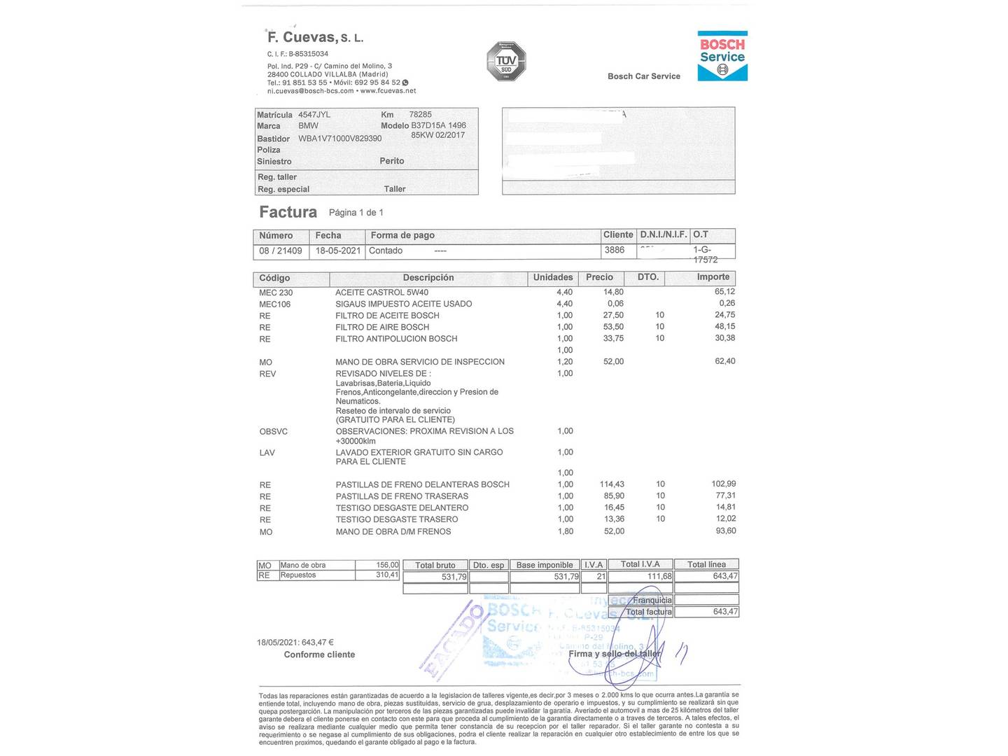 Foto del mantenimiento del BMW Serie 1 BMW Serie 1 116d (116 CV)