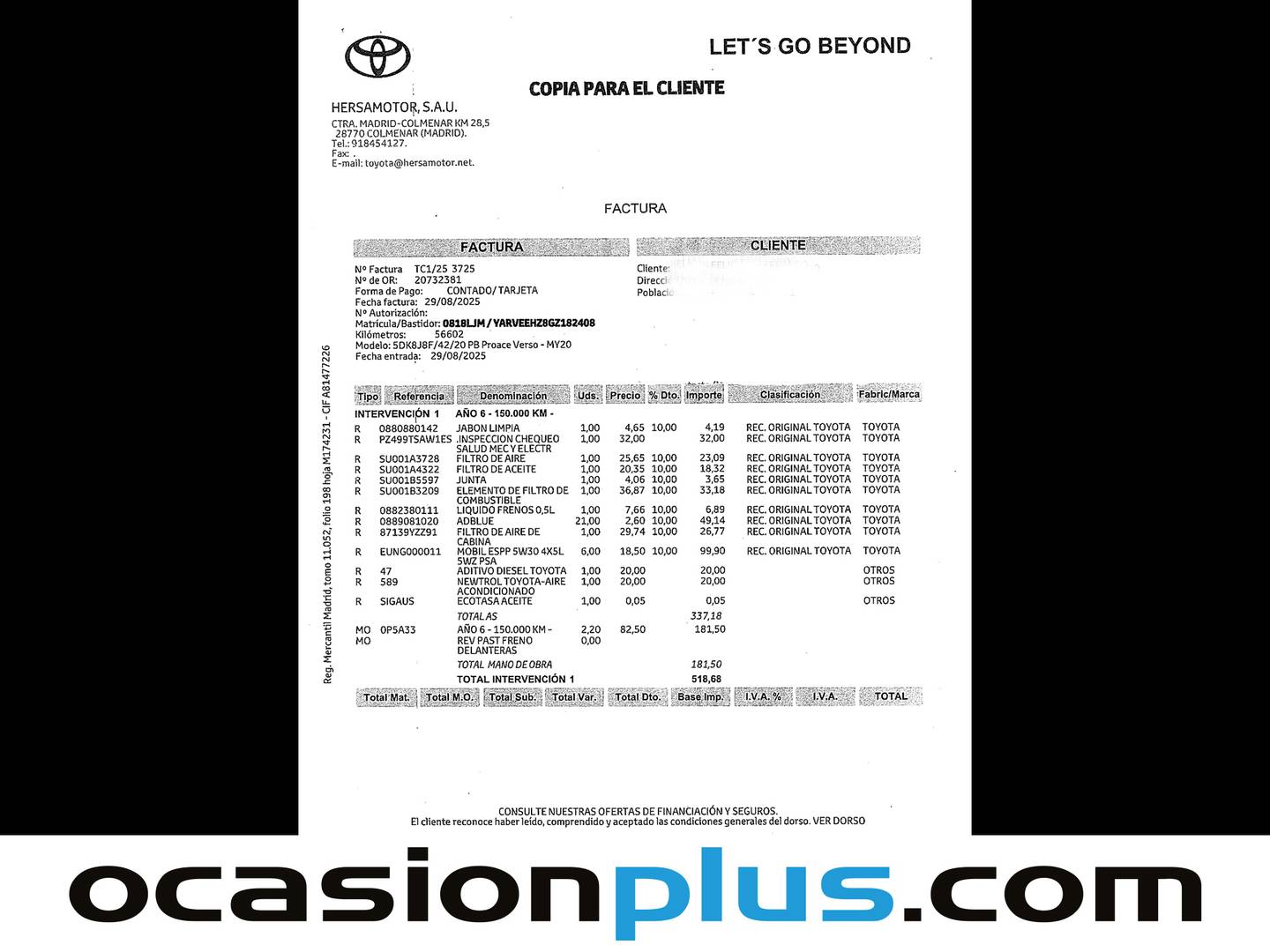 Foto del mantenimiento del Toyota Proace Verso Toyota Proace Verso Combi 2.0D Family Advance Pack Auto (177 CV) 8 PLAZAS