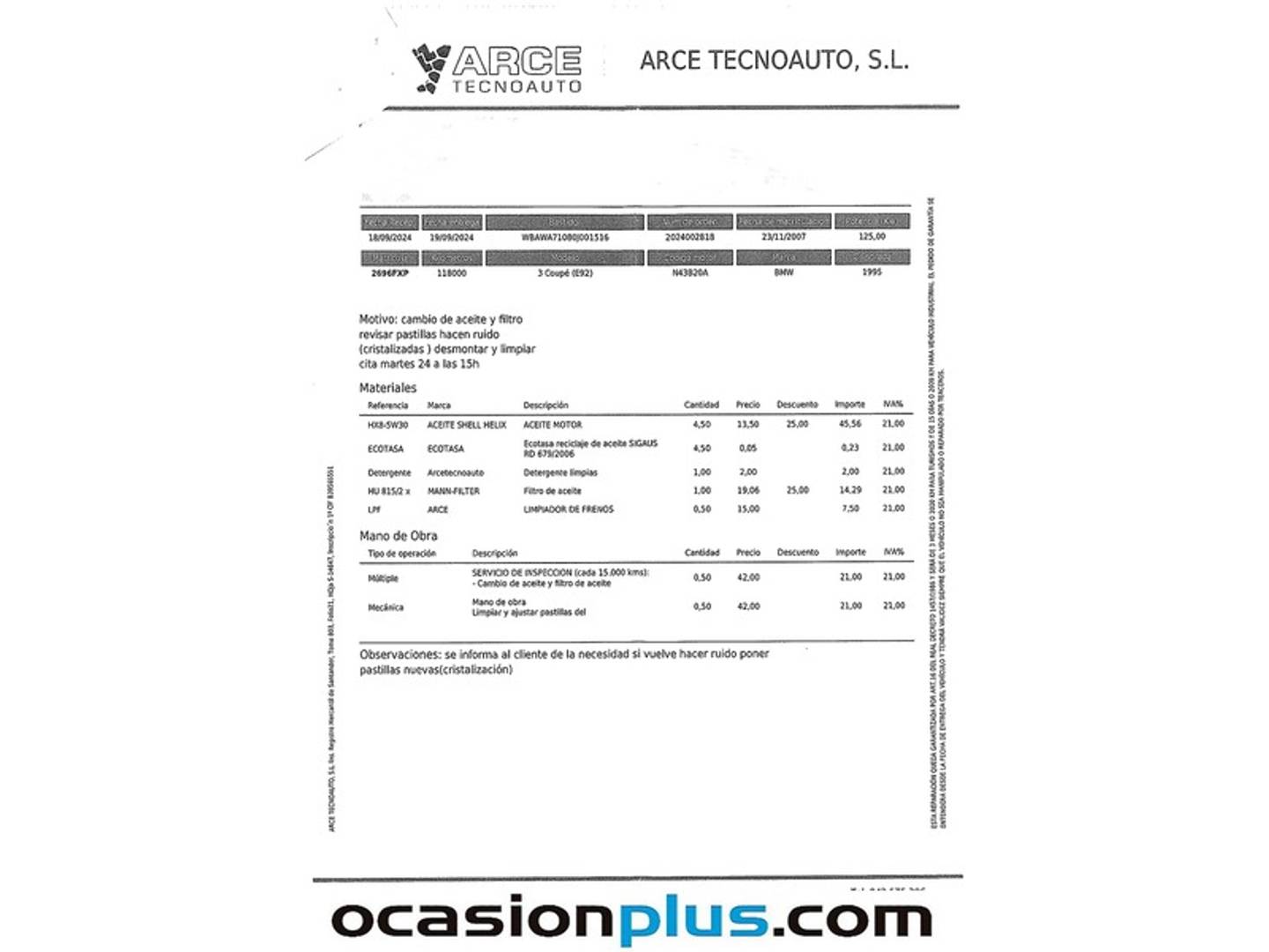 Foto del mantenimiento del BMW Serie 3 BMW Serie 3 320i Coupe (170 CV)