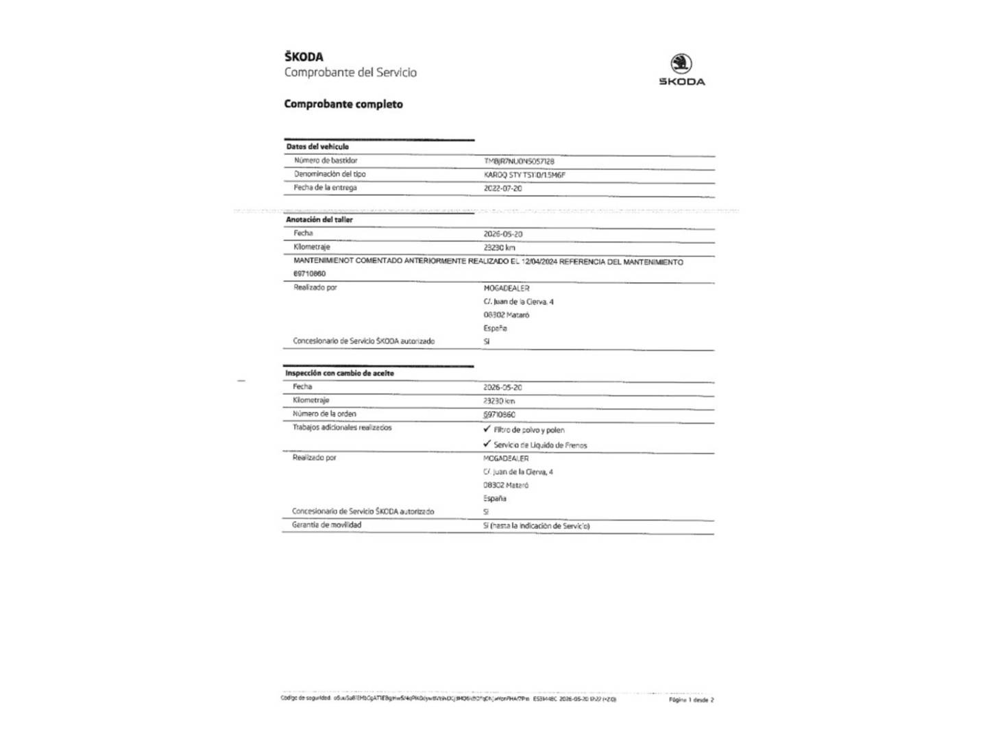 Foto del mantenimiento del Skoda Karoq Skoda Karoq 1.5 TSI ACT Style (150 CV)