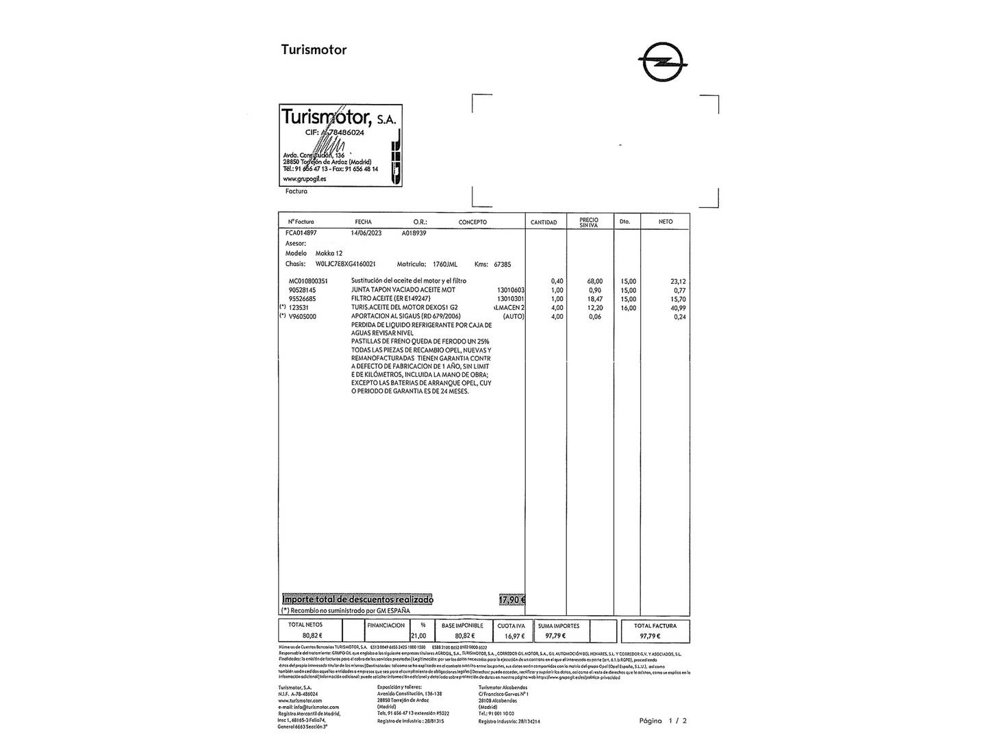 Foto del mantenimiento del Opel Mokka Opel Mokka 1.4 Turbo S&S Selective 4x2 (140 CV)
