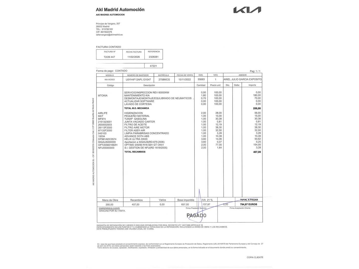 Foto del mantenimiento del KIA XCeed KIA XCeed 1.0 T-GDi Drive (120 CV)
