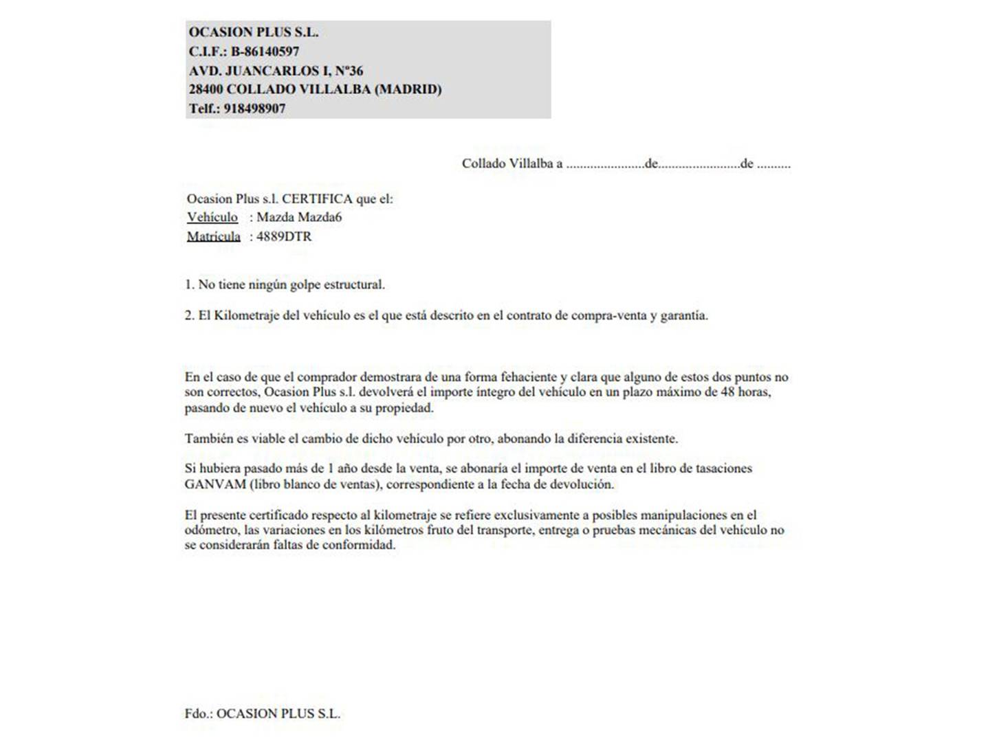 Foto del certificado del Mazda Mazda6 Mazda Mazda 6 2.3 16v Sportive (166 CV)