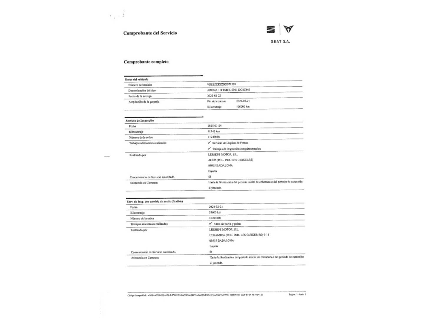 Foto del mantenimiento del Seat Arona SEAT Arona 1.0 TSI S&S FR Plus (110 CV)