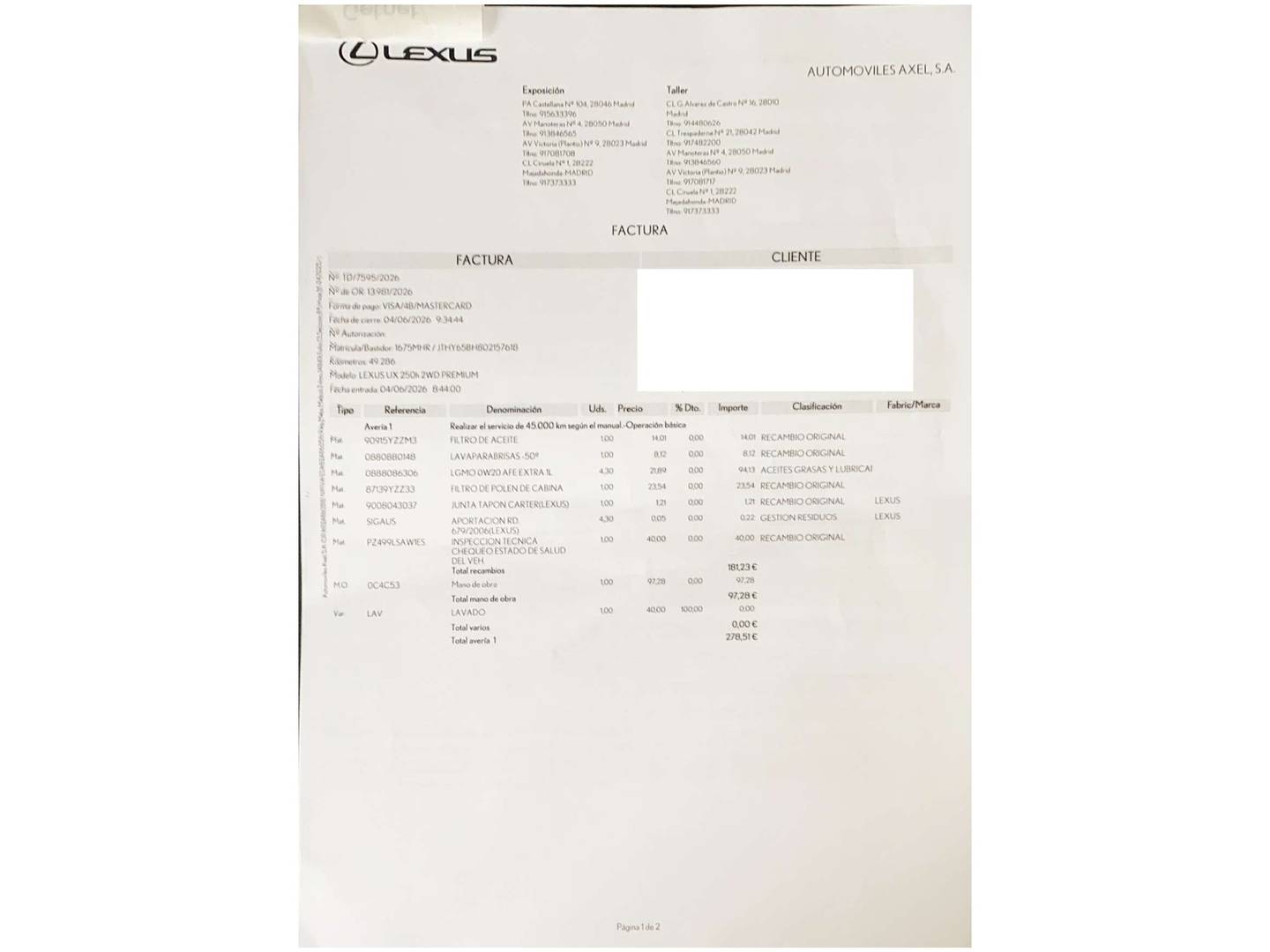 Foto del certificado del Lexus UX Lexus UX UX 250h Premium (184 CV)