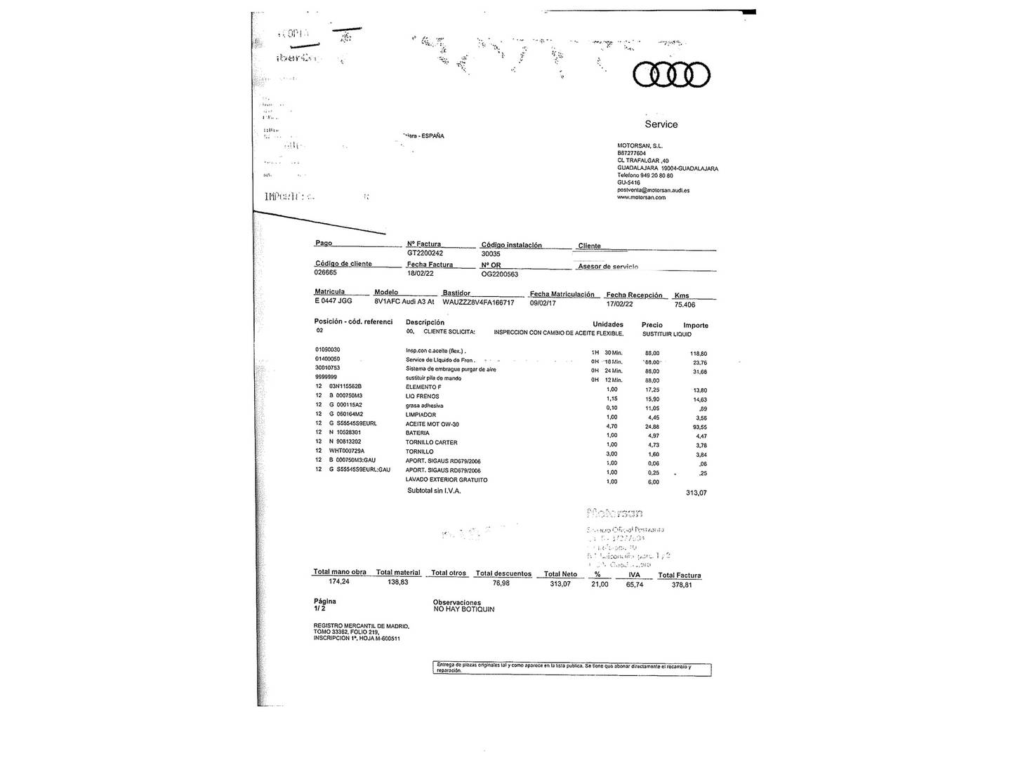 Foto del mantenimiento del Audi A3 Audi A3 Attraction 1.6 TDI Clean Diesel (110 CV)