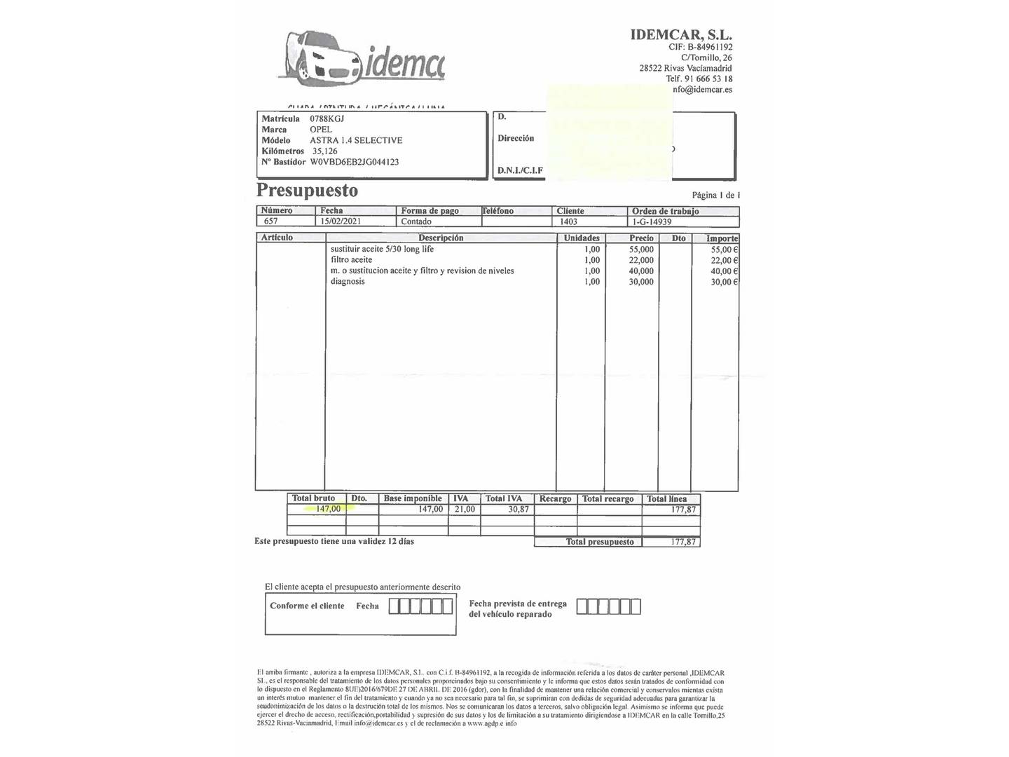 Foto del mantenimiento del Opel Astra Opel Astra 1.4 Turbo S&S Selective (125 CV)