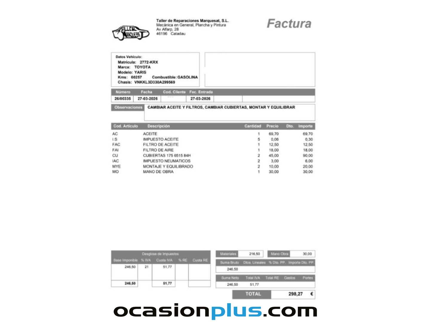 Foto del mantenimiento del Toyota Yaris Toyota Yaris 70 Active (69 CV)