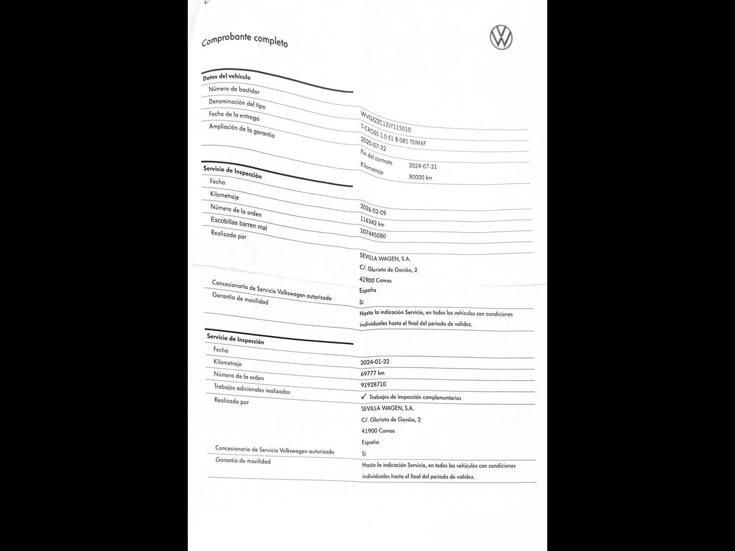 Foto del mantenimiento del Volkswagen T-Cross Volkswagen T-Cross Advance 1.0 TSI (115 CV)