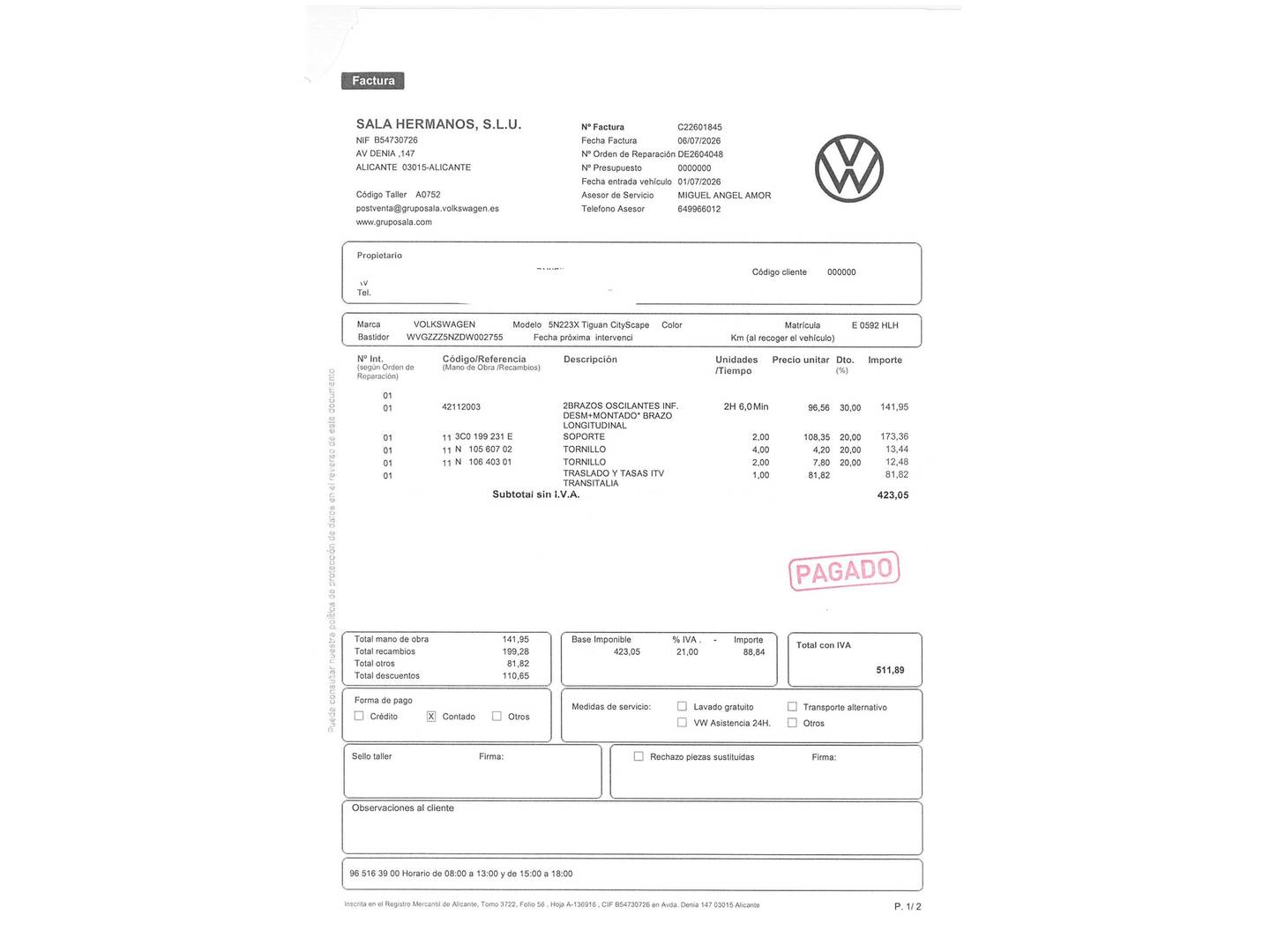 Foto del mantenimiento del Volkswagen Tiguan Volkswagen Tiguan T1 Sport 2.0 TDI BMT 4x2 (140 CV)