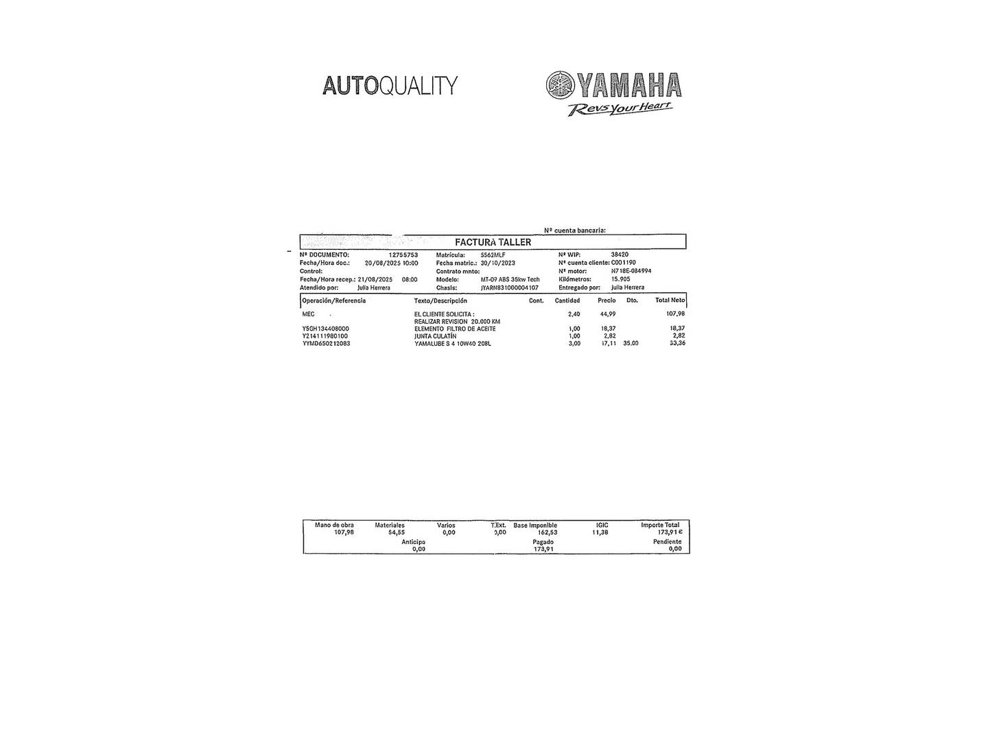 Foto del mantenimiento del Yamaha MT-09  A2 Yamaha MT-09  A2 A2 (48 CV)