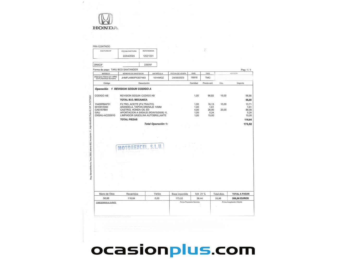 Foto del mantenimiento del Honda Civic Honda Civic 2.0 i-MMD Advance CVT (184 CV)