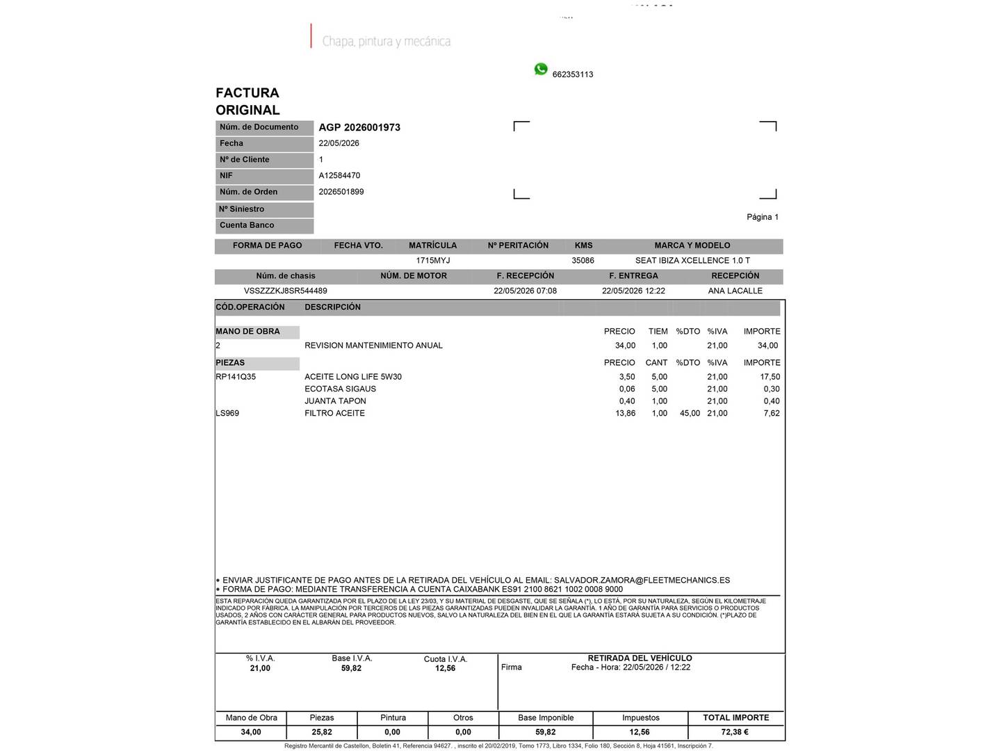 Foto del mantenimiento del Seat Ibiza Seat Ibiza 1.0 TSI S&S Xcellence (115 CV)