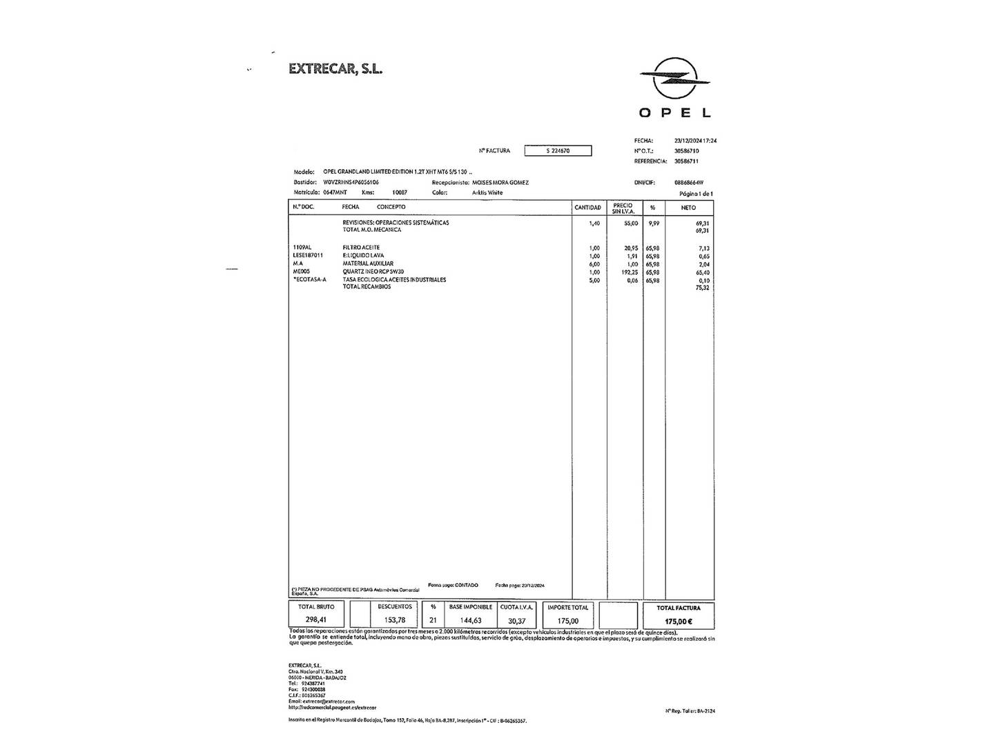 Foto del mantenimiento del Opel Grandland Opel Grandland 1.2 Turbo XHT S&S GS (130 CV)